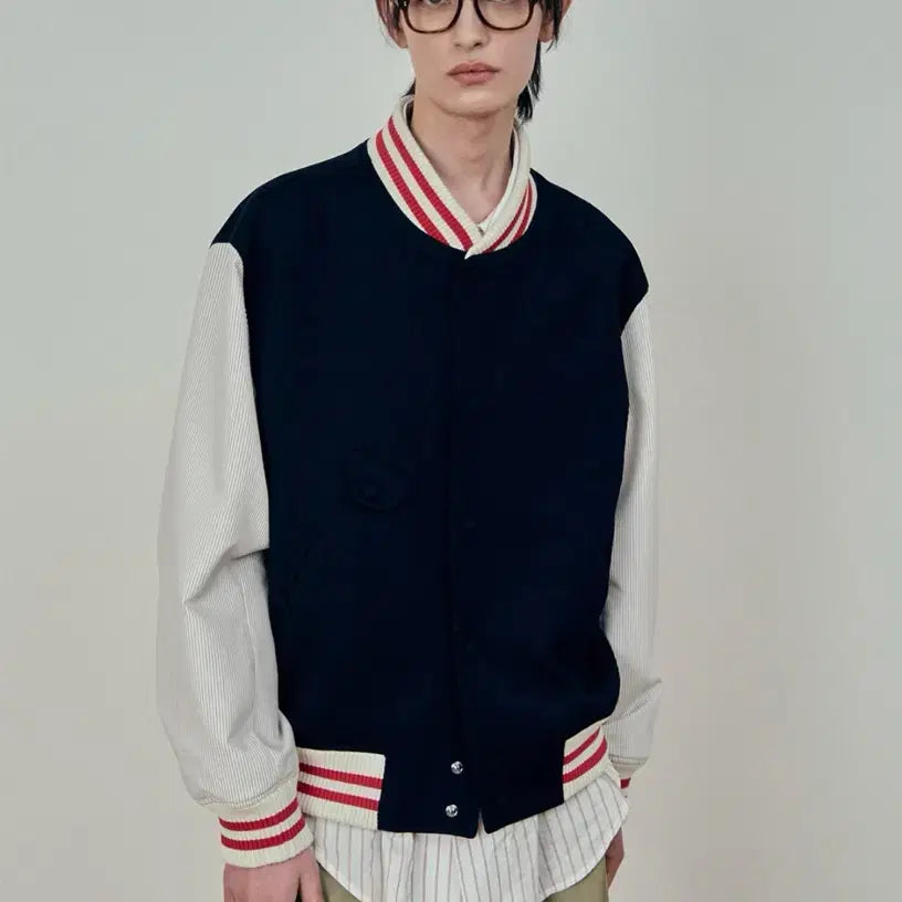 [BUNJANG] STU Embroidery Wool Stripe Varsity Jacket / [L] stu 엠브로더리 울 스트라이프 바시티