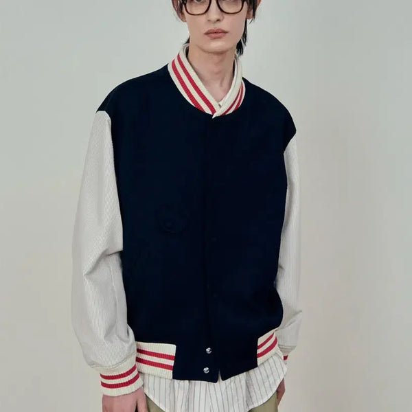 [BUNJANG] STU Embroidery Wool Stripe Varsity Jacket / [L] stu 엠브로더리 울 스트라이프 바시티