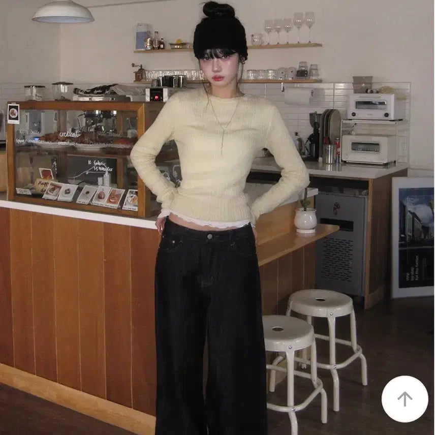 [BUNJANG] Modimood Round Knit + Raw Denim Roll-up Pants Set / 에이블리 지그재그 모디무드 라운드 니트 + 생지롤업팬츠