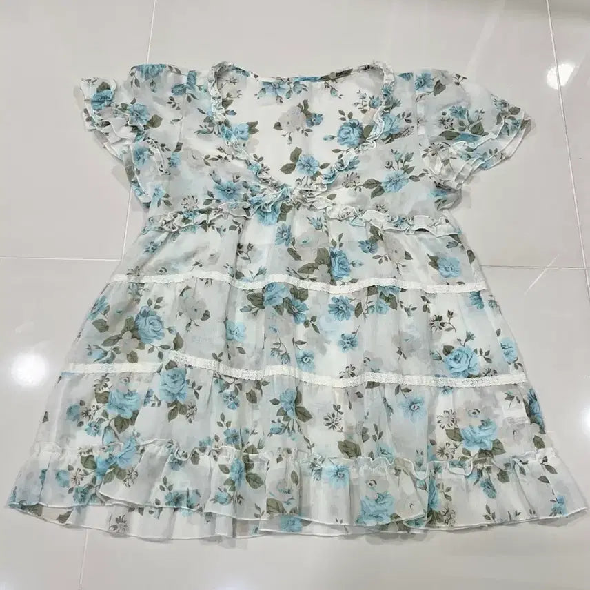 [BUNJANG] Vintage Flower Pattern Frill Crochet Short Sleeve Blouse Mori Girl Style / 빈티지 플라워 패턴 프릴 크로셰 플라워 반팔 블라우스 모리걸