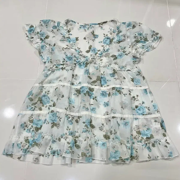 [BUNJANG] Vintage Flower Pattern Frill Crochet Short Sleeve Blouse Mori Girl Style / 빈티지 플라워 패턴 프릴 크로셰 플라워 반팔 블라우스 모리걸
