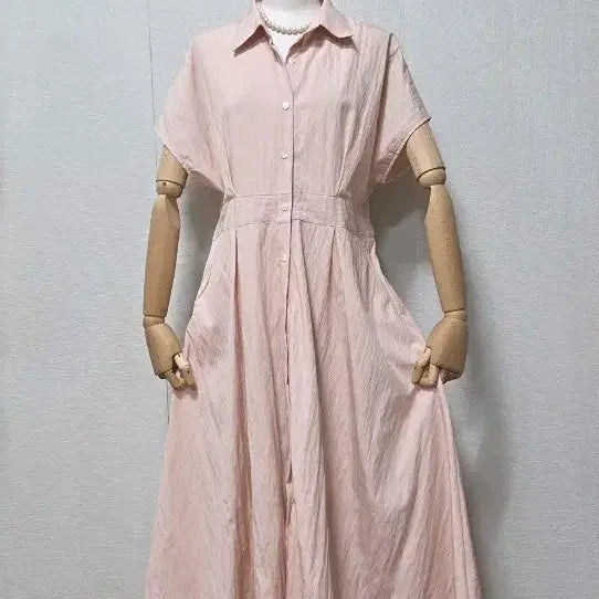 [BUNJANG] Beige Pink Shirt Long Dress / 베이지핑크 셔츠형 롱 원피스