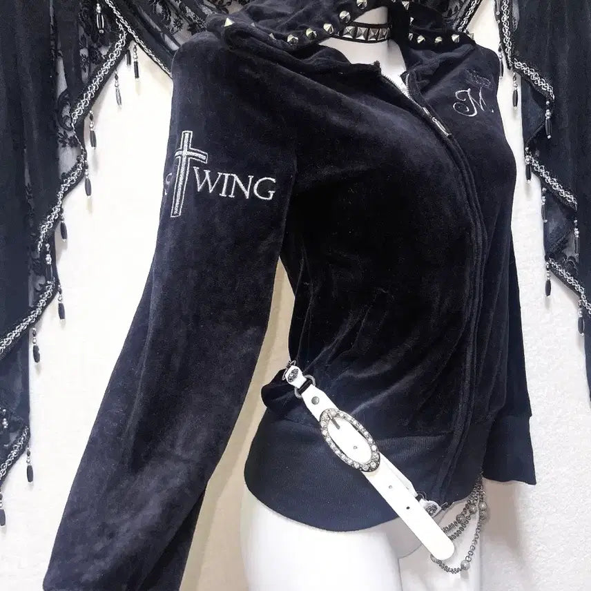 [BUNJANG] Goth Punk Studded Velvet Hooded Zip-Up Cross Wing Jacket Y2K Gothic / 오네갸루 고스펑크 스터드 벨벳 후드집업 크로스윙 y2k 와투케 핀터 고딕