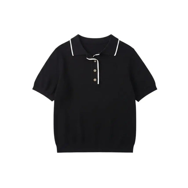 [BUNJANG] Women's Black Color-Block Short-Sleeve Knit Polo BK 0-105 / 여성F / 심플리 블랙 배색 반팔 카라니트BK 0-105