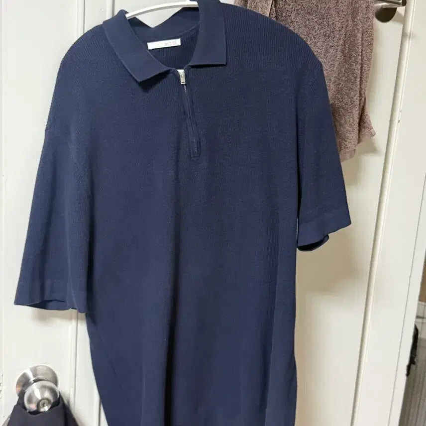 [BUNJANG] Zara Knit Zip-Up Collar T-Shirt Navy XL / 자라 니트 집업 카라티 XL 네이비