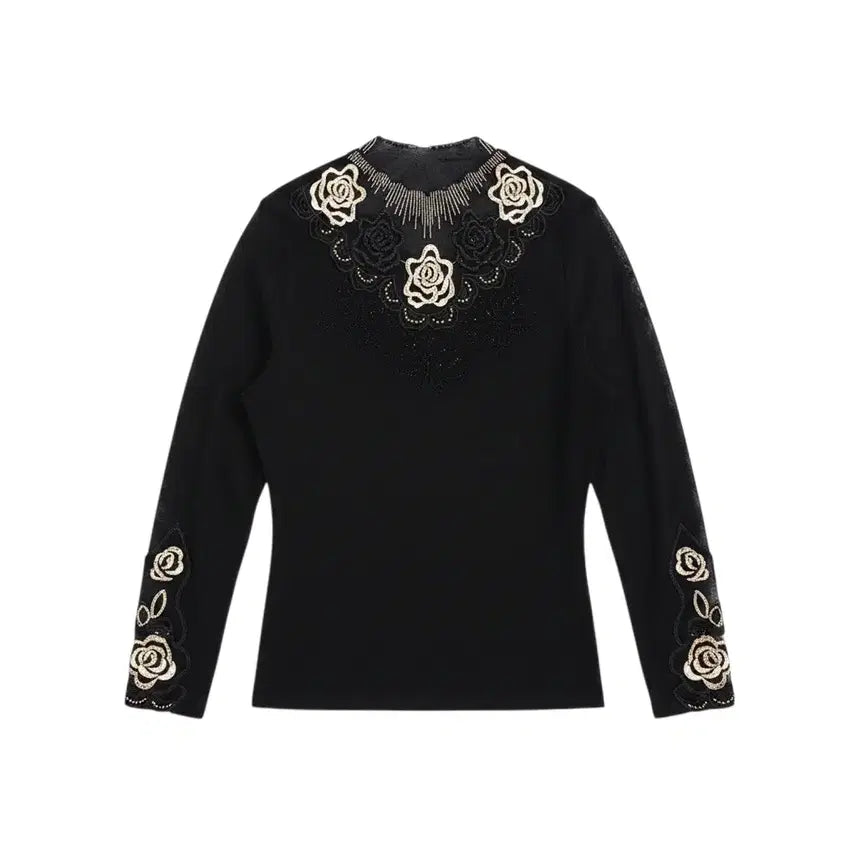[BUNJANG] Women's Simple Bead Flower Long Sleeve Blouse (Black) / 여성F / 심플리 비즈 플라워장식 긴팔 블라우스BK 0-113