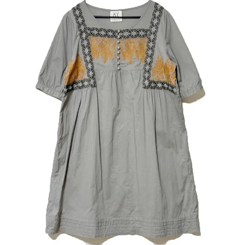 [BUNJANG] Vintage Ethnic Embroidered Balloon Sleeve A-Line Cotton Dress Grey Mori Girl Hippie Y2K / 일본빈티지엔틱에스닉자수벌룬소매A라인면원피스그레이모리걸하구미룩갸루y2k히피
