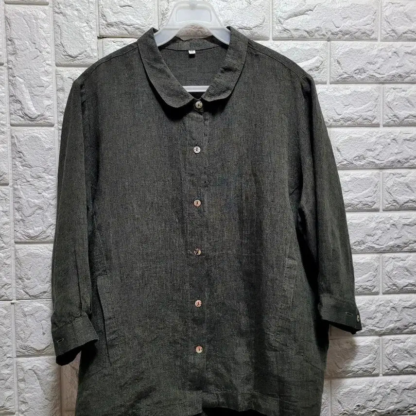 [BUNJANG] 100% Linen 7/10 Sleeve Shirt / 카키 카라넥 7부 린넨100 셔츠88