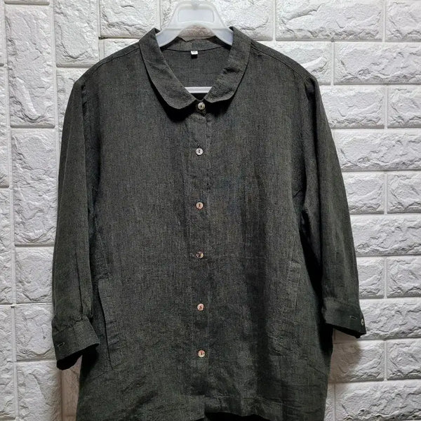 [BUNJANG] 100% Linen 7/10 Sleeve Shirt / 카키 카라넥 7부 린넨100 셔츠88