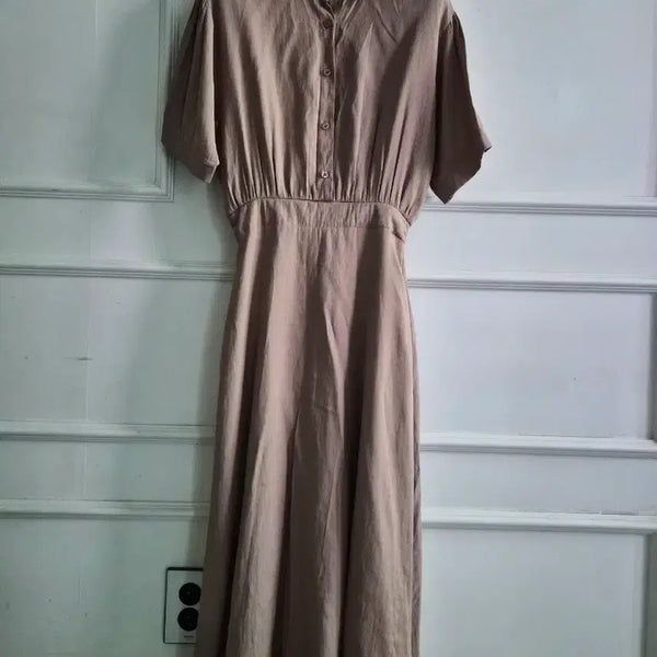 [BUNJANG] Linen Short-Sleeve Long Dress Beige / 린넨 반팔 롱 원피스 베이지