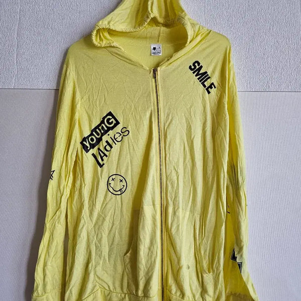 [BUNJANG] Yellow Smile Print Hooded Zip-Up Jacket / 여름 노란색  후드 집업