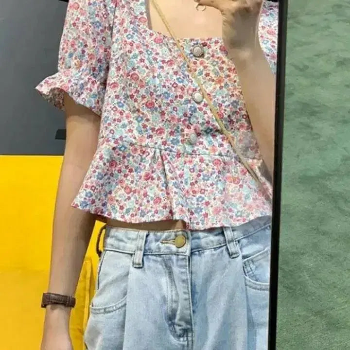 [BUNJANG] Flower Pattern Square Neck Puff Sleeve Peplum Blouse / 플라워패턴 스퀘어넥 퍼프소매 페플럼 블라우스 마쥬 산드로 도엔 가니 한섬