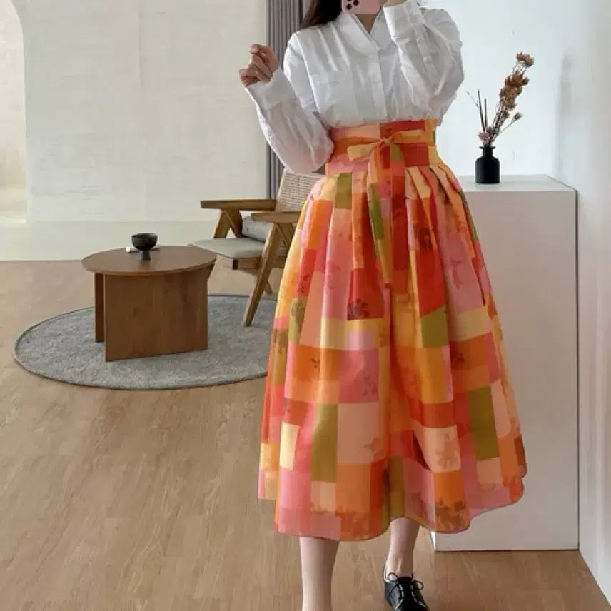 [BUNJANG] Minjoo Kim Hanbok Orange Jogakbo Waist Skirt / 민주화한복 오렌지빛 조각보 허리치마