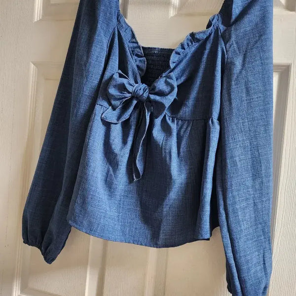 [BUNJANG] Denim Ribbon Blouse with Shirring Detail / 데님 리본 블라우스 셔링 긴팔