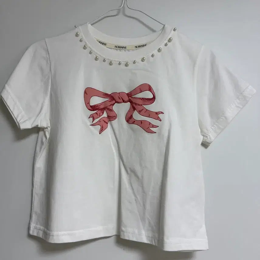[BUNJANG] Noir Nine Pearl Ribbon Short Sleeve T-Shirt / 누아르나인 진주 리본 반팔 티셔츠