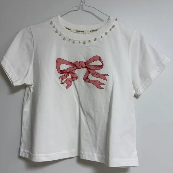[BUNJANG] Noir Nine Pearl Ribbon Short Sleeve T-Shirt / 누아르나인 진주 리본 반팔 티셔츠