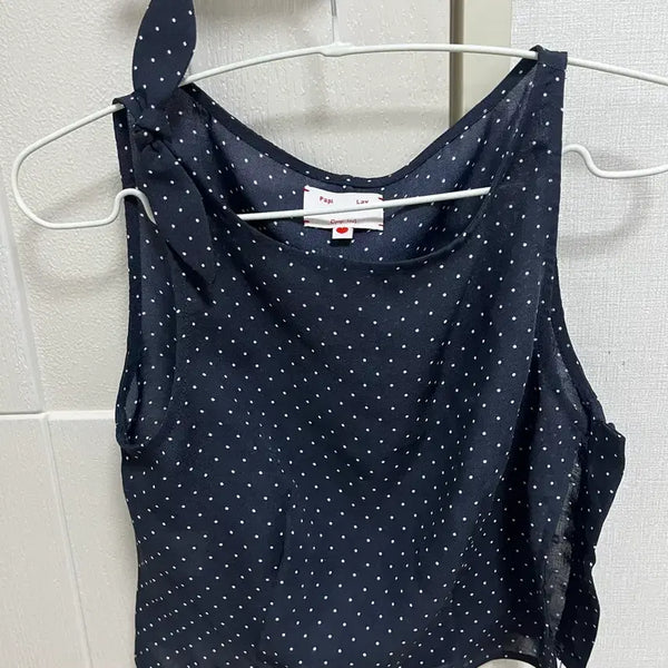[BUNJANG] Navy Polka Dot Sleeveless Blouse with Ribbon Detail / 도트 슬리브리스 블라우스
