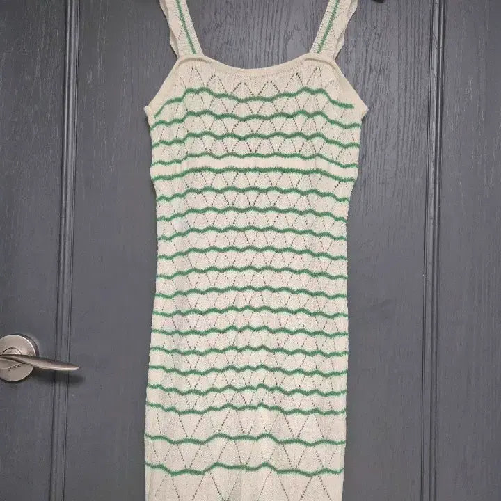 [BUNJANG] Ivory/Green Stripe Knit Mini Dress with Hooded Cardigan Set / 아이보리/그린 스트라이프 미니원피스