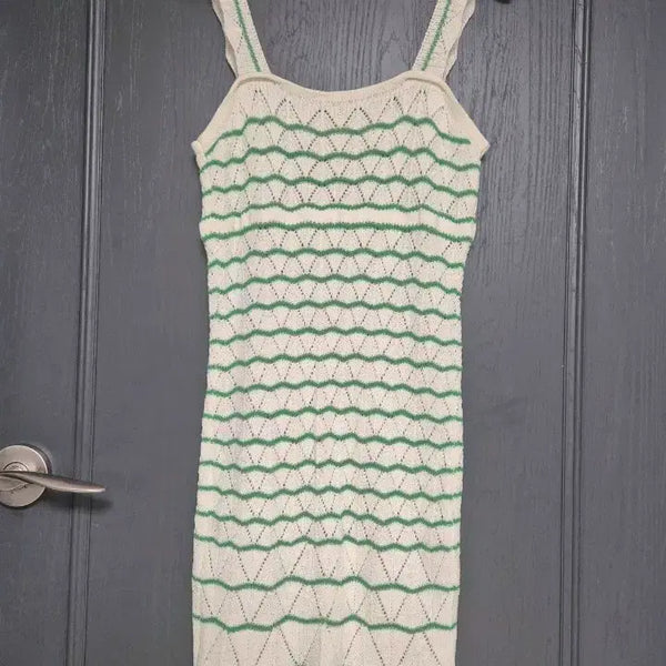 [BUNJANG] Ivory/Green Stripe Knit Mini Dress with Hooded Cardigan Set / 아이보리/그린 스트라이프 미니원피스