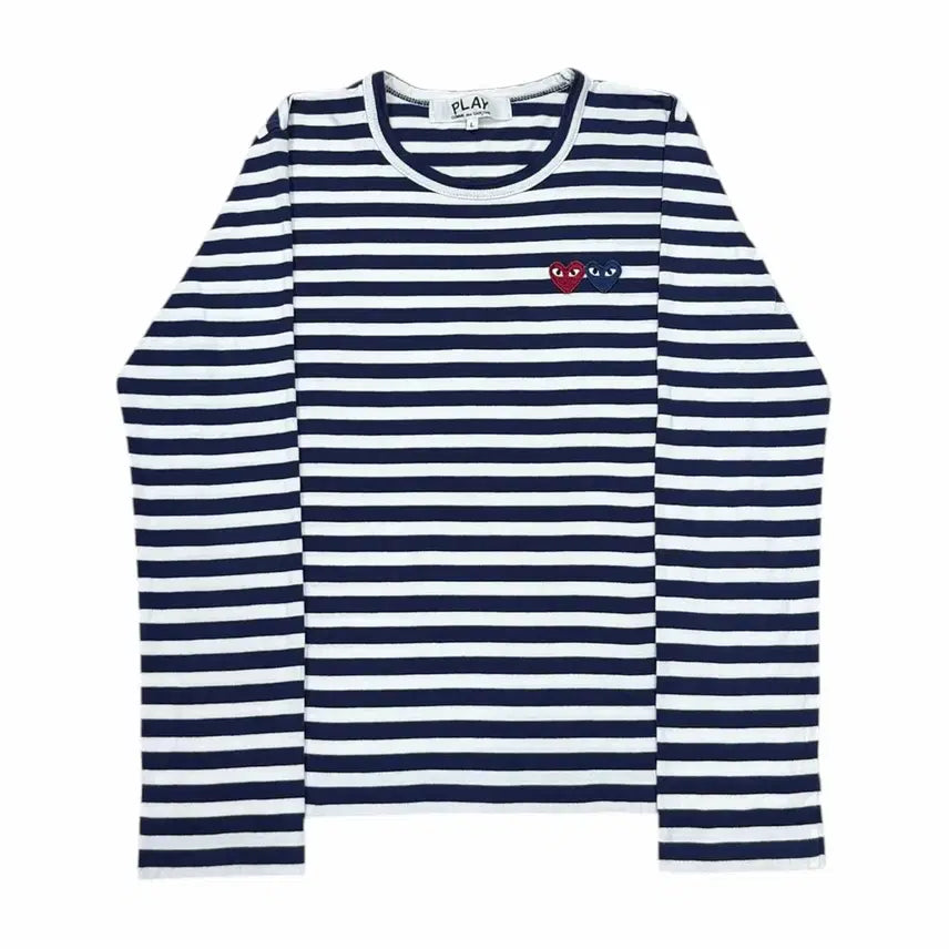 [BUNJANG] Comme des Garçons Women Double Heart Logo Stripe Long Sleeve Shirt L / 꼼데가르송 우먼 더블하트 와펜 스트라이프 롱슬리브 L