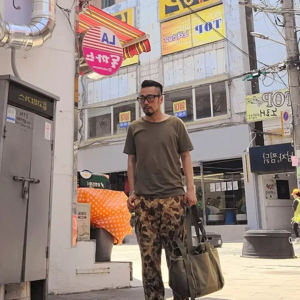 [BUNJANG] Bizbeam USA Flag Print Khaki Short Sleeve T-Shirt / 비즈빔 성조기 카키색 반팔티