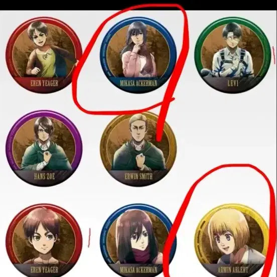 [BUNJANG] Attack on Titan Ichiban Kuji G Prize Badge Set (Mikasa & Armin) - 2종 일괄 / 진격의거인 제일복권 쿠지 g상 뱃지 미카사 아르민 2종 일괄