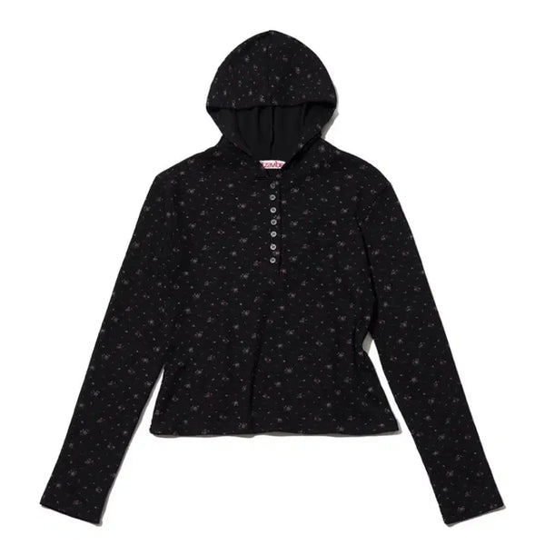 [BUNJANG] Itz Vibe Flower Waffle Button Hoodie Long Sleeve Tee / 잇자바이브 플라워 와플 버튼 후디 긴팔티