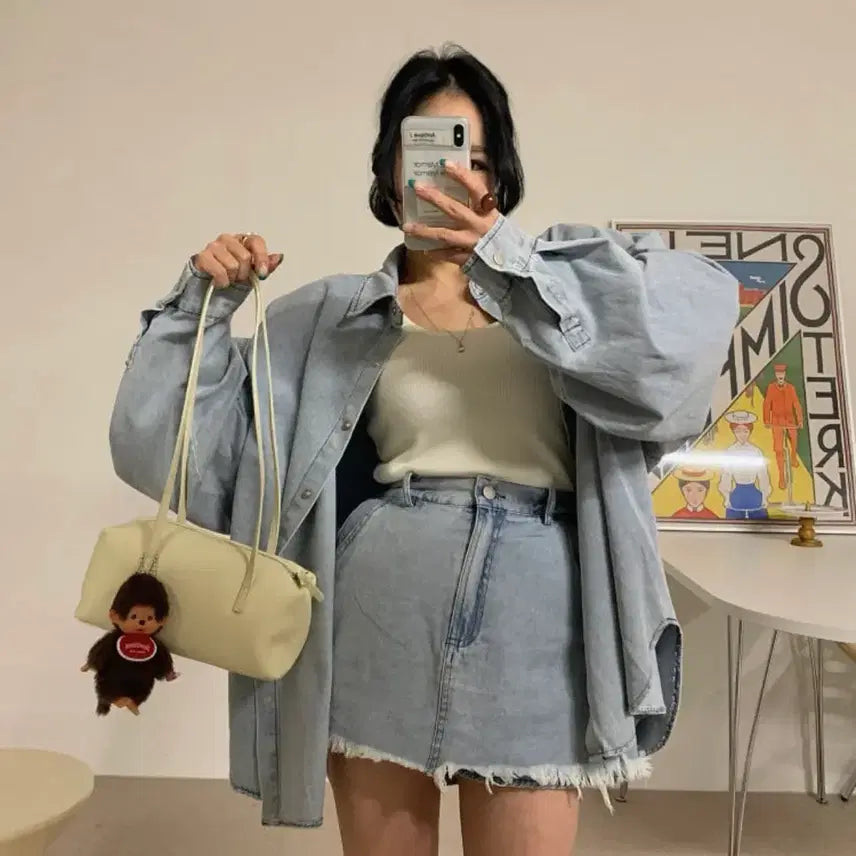 [BUNJANG] Puppy Denim Denim Shirt Skirt Set - Light Blue / (마지막내림 새거) 퍼피데님 청남방 스커트 세트 연청 블랙바비