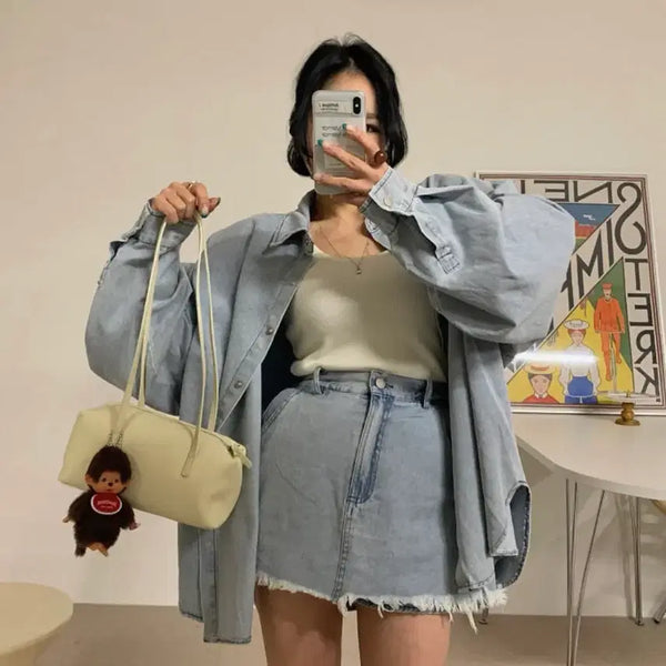 [BUNJANG] Puppy Denim Denim Shirt Skirt Set - Light Blue / (마지막내림 새거) 퍼피데님 청남방 스커트 세트 연청 블랙바비