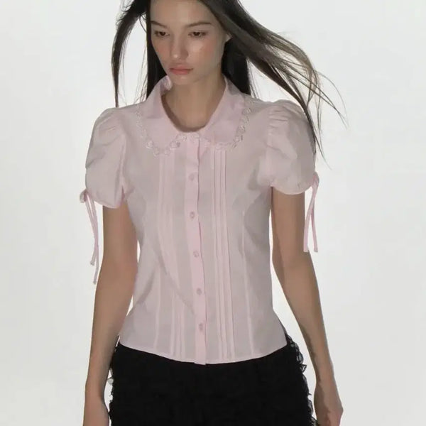 [BUNJANG] Crank Pintuck Lace Collar Blouse Pink / 크랭크 핀턱 레이스카라 블라우스 핑크