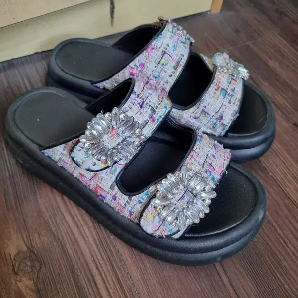 [BUNJANG] Tweed Embellished Heeled Slippers Sandals (240-245) / 트위드 보석 장식 슬리퍼 샌들 240-245