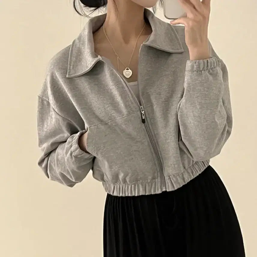 [BUNJANG] Cotton Collar Crop Zip-Up / 코튼 카라 크롭 집업