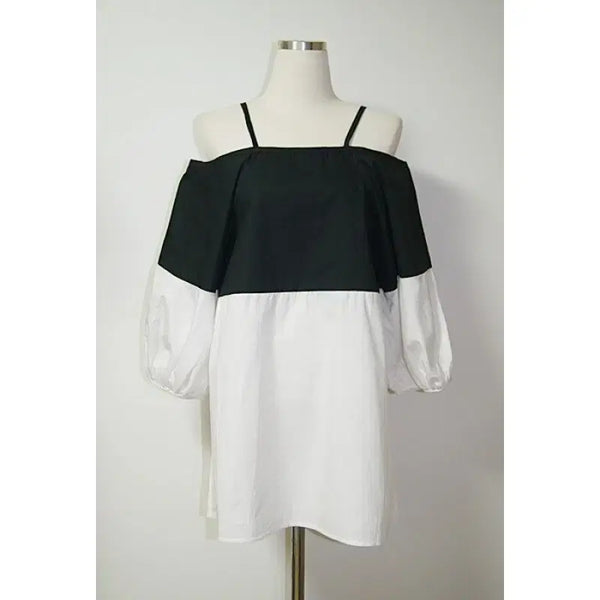 [BUNJANG] Strap Shoulder Colorblock Blouse / [새상품]어깨 끈 숄더 배색 블라우스