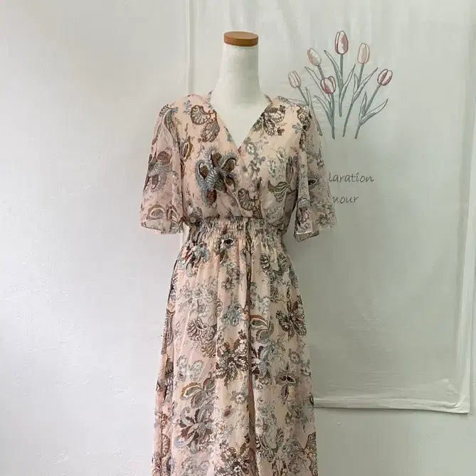 [BUNJANG] Flower Chiffon Long V-Neck Wrap Style Dress / 플라워 쉬폰 롱 브이넥 랩스타일 원피스