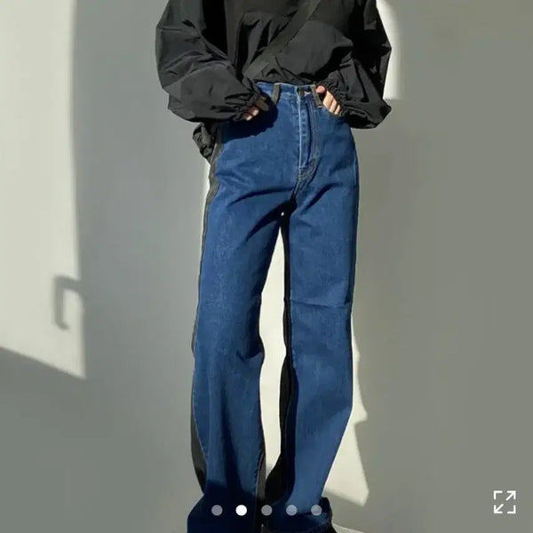[BUNJANG] Colorblock Wide Denim Pants (Dark Blue Front, Black Back) / 배색 와이드 청데님 팬츠 (앞 진청 뒤 블랙)
