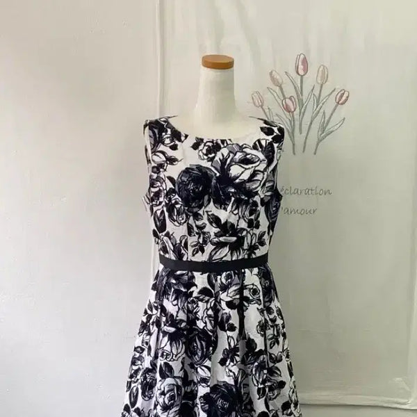 [BUNJANG] Black Rose Pattern Sleeveless Flare Dress / 블랙 로즈 패턴 민소매 플레어 원피스