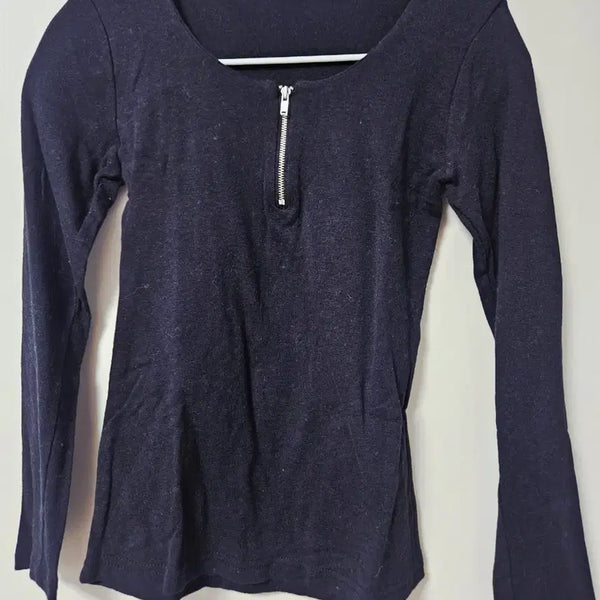 [BUNJANG] Black Half-Zip Long-Sleeve T-Shirt / 블랙 반집업 롱슬리브 티셔츠