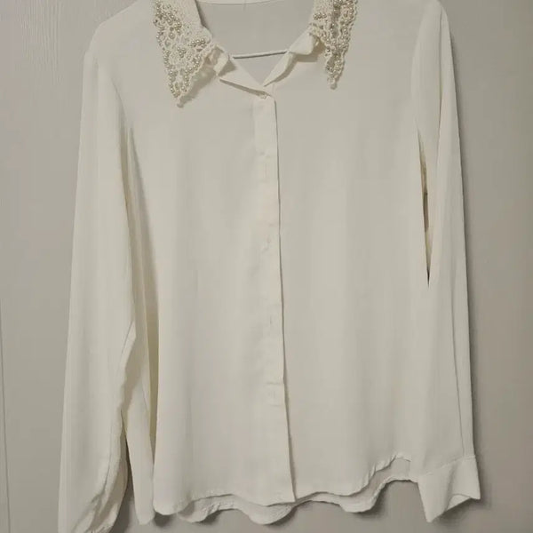 [BUNJANG] Pearl & Bead Embellished Collar Blouse / 진주 비즈 카라 블라우스