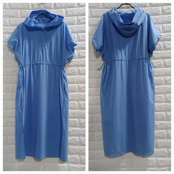 [BUNJANG] Blue Crinkled Hooded Long Dress / 블루 바스락 후드롱원피스