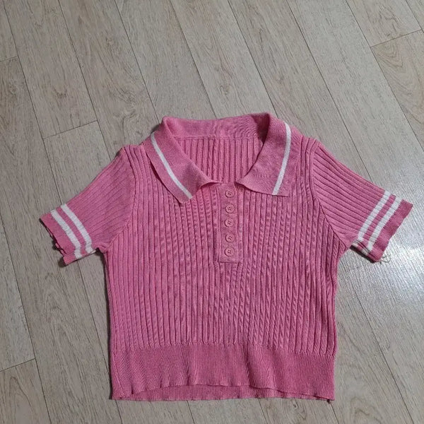 [BUNJANG] Ribbed Collar Short Sleeve Crop Knit Top - Pink / 크롭티