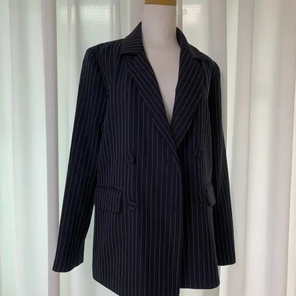 [BUNJANG] Navy Stripe Double Jacket & Slacks Set / [착용1회] 네이비 스트라이프 여성 자켓+슬랙스 세트