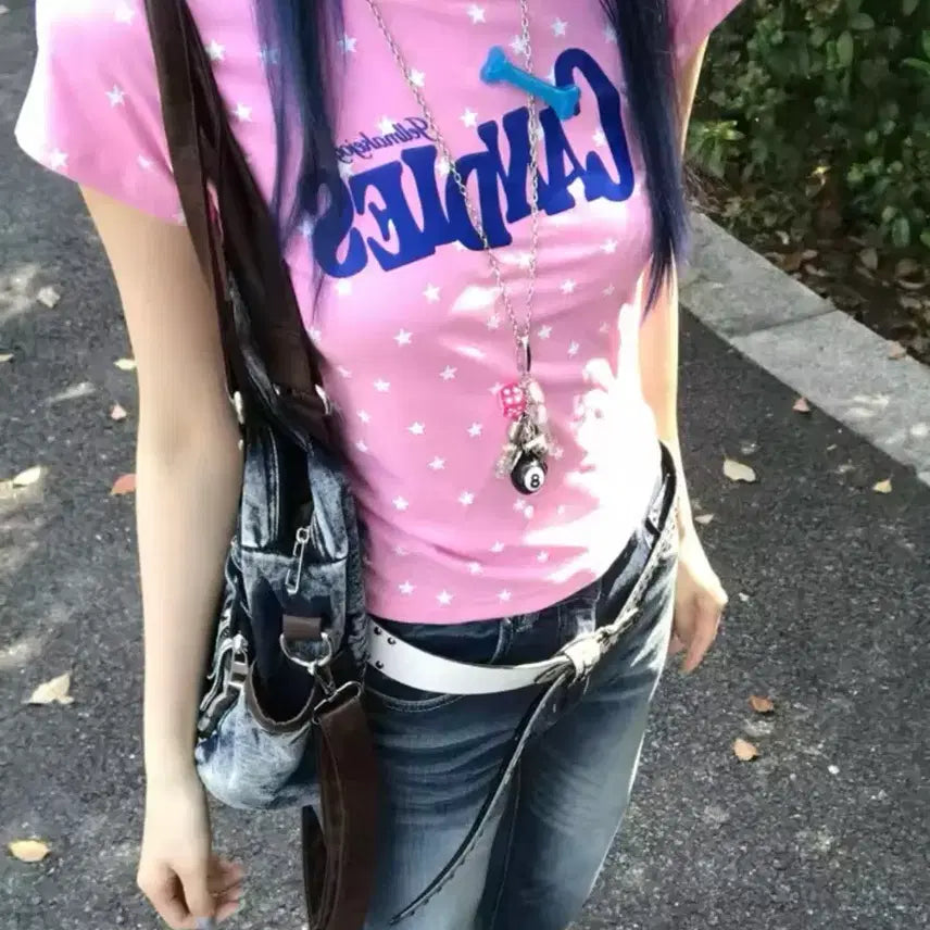 [BUNJANG] Pink Star Pattern Short Sleeve T-Shirt / 핑크색 별 패턴 반팔티셔츠 / 데일리 캐주얼 유니크 빈티지 y2k 러블리