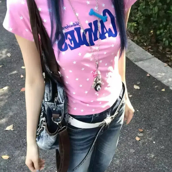 [BUNJANG] Pink Star Pattern Short Sleeve T-Shirt / 핑크색 별 패턴 반팔티셔츠 / 데일리 캐주얼 유니크 빈티지 y2k 러블리