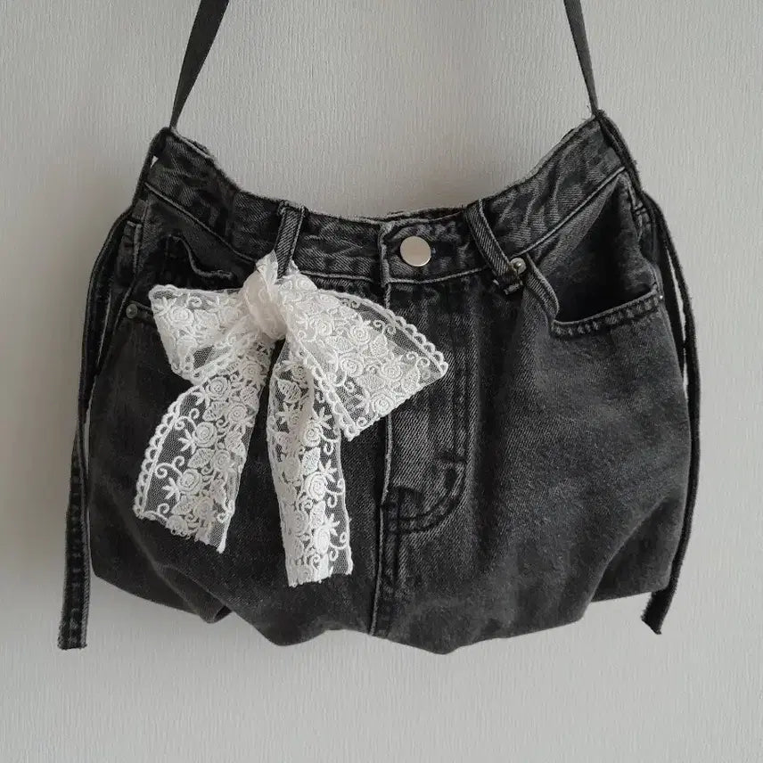 [BUNJANG] Denim Lace Ribbon Tote Bag / 데님 레이스 리본 백