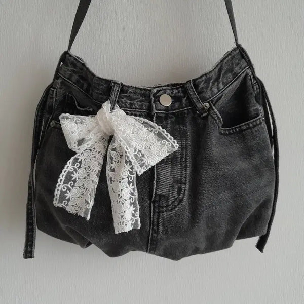 [BUNJANG] Denim Lace Ribbon Tote Bag / 데님 레이스 리본 백