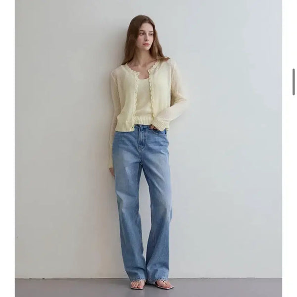 [BUNJANG] Audrey Mohair Ruffle Cardigan + Sleeveless Set Butter Yellow Free Size / 오디에르 모헤어 러플 가디건 + 슬리브리스 버터옐로우 free