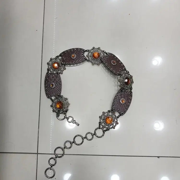[BUNJANG] Vintage Faux Leather Metal Cubic Chain Belt / 인조가죽 금속 큐빅 빈티지 체인 금속벨트 옷위에 레이어드로 코디하는 중고