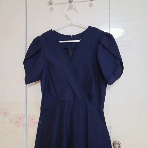 [BUNJANG] Navy Wrap Style V-Neck Short Sleeve Dress / 네이비 랩 스타일 반팔 원피스