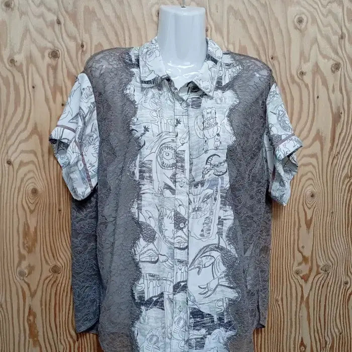 [BUNJANG] OBJET Illust Panel Lace See-through Shirt Blouse / 오브제 일러스트 패널 레이스 시스루 셔츠 브라우스