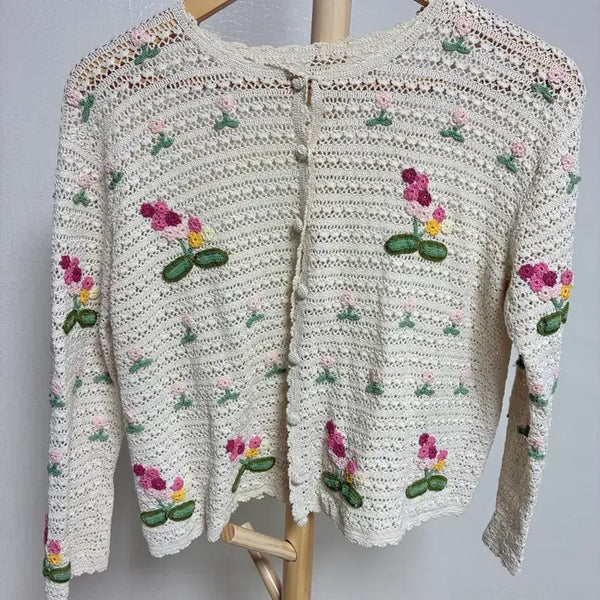 [BUNJANG] Hamoonijanglong Ivory Knit Floral Cardigan / 모리걸 하구미 하무니장롱 아이보리 뜨개 꽃무늬 가디건